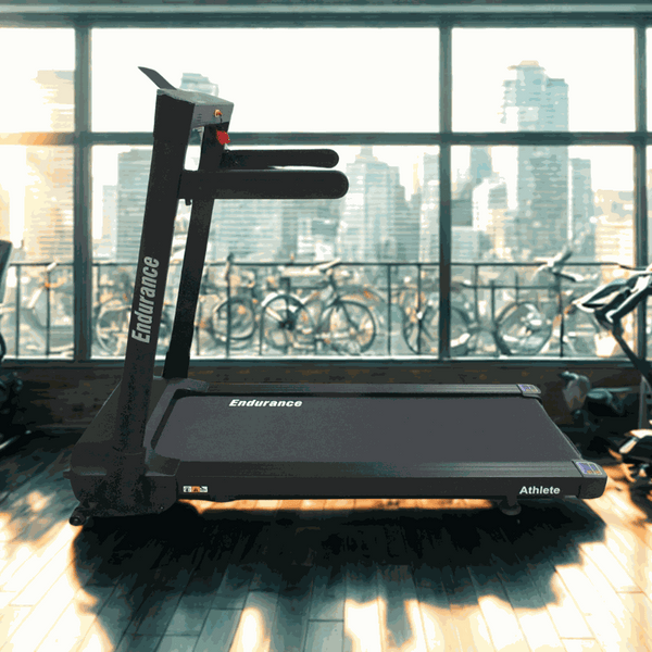 Endurance Athlete Treadmill in modern home gym with city view